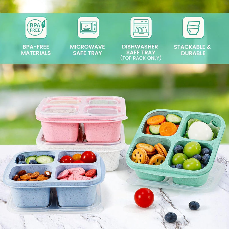 4Pcs Bento Lunch Box, Wheat Straw Snack Box Container, 4 Compartment Snack Lunchable Containers, Reusable Divided Bento Snack Box, Meal Prep Lunch Containers for School, Work Travel,Nuts Candy Fruit