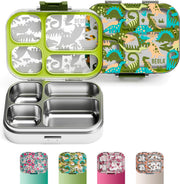 BEOLA Stainless Steel Lunch Box for Kids School, 4 Compartment Bento Box for Kids, BPA Free Tiffin with Lid, Leakproof Meal Container, Perfect as Snack Box, Lunchbox for Girls (Ever Blooming) - Dino Dreams