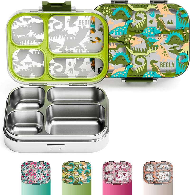 BEOLA Stainless Steel Lunch Box for Kids School, 4 Compartment Bento Box for Kids, BPA Free Tiffin with Lid, Leakproof Meal Container, Perfect as Snack Box, Lunchbox for Girls (Ever Blooming) - Dino Dreams
