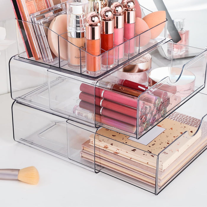 3 Tier Clear Makeup Organizer with Drawer,Cosmetic Storage for Dresser Countertop and Bathroom Vanity,Beauty Holder for Lipstick Brush Skincare (3 Tier)