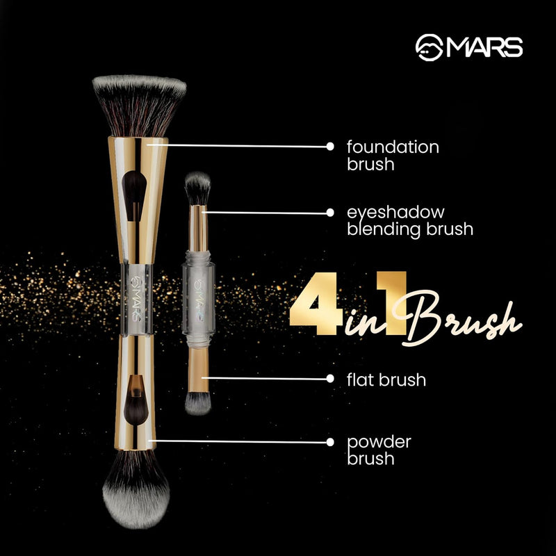 MARS 4-in-1 Travel Brush Set - Soft Synthetic Bristles - Foundation, Powder, Eyeshadow Blending & Flat Brushes