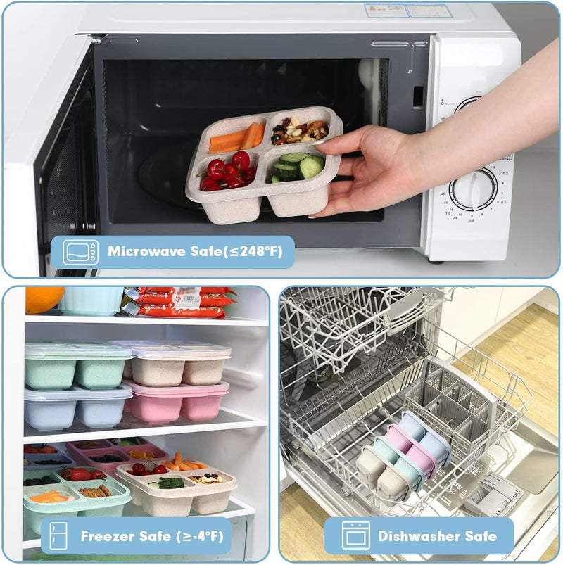 4-Pack 4-Compartment Bento Snack Containers, Reusable Divided Lunch Boxes for Kids Adults, Meal Prep Containers for Travel, Work, Small Food Storage