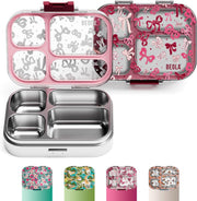 BEOLA Stainless Steel Lunch Box for Kids School, 4 Compartment Bento Box for Kids, BPA Free Tiffin with Lid, Leakproof Meal Container, Perfect as Snack Box, Lunchbox for Girls (Ever Blooming) - Blush & Bows