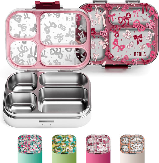 BEOLA Stainless Steel Lunch Box for Kids School, 4 Compartment Bento Box for Kids, BPA Free Tiffin with Lid, Leakproof Meal Container, Perfect as Snack Box, Lunchbox for Girls (Ever Blooming) - Blush & Bows