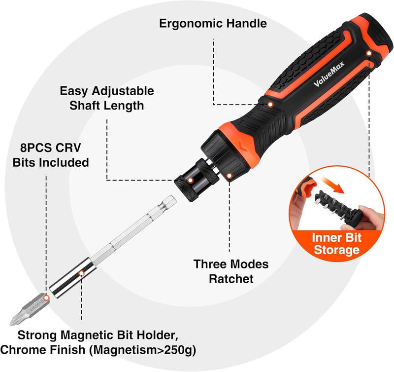 ValueMax Ratcheting Screwdriver, 9-In-1 Multi Screwdriver, Adjustable Length, High-Strength Bits, Phillips, Slotted, Torx, Hex, Nut Driver