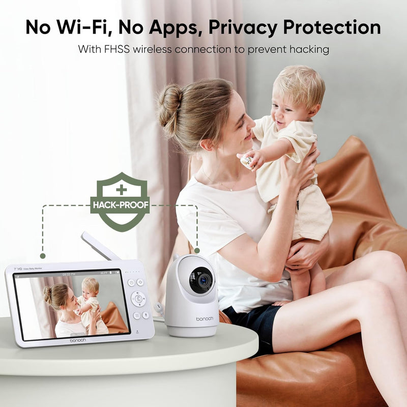 bonoch 7 Inch Baby Monitor with Camera, 720P HD 6000 mAh Battery Video Baby Phone, Night Vision, Double-Sided Audio Function, Remote PTZ, VOX Mode, Temperature Sensor, 8 Lullabies