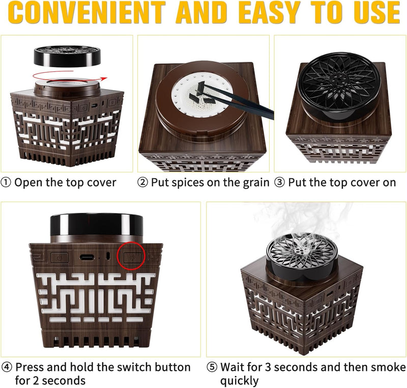 Telawah Mini Incense Burner Bakhoor - Portable Rechargeable USB Aroma Diffuser with Remote Control Light， Electric Arabian Incense Holder Home Decor.