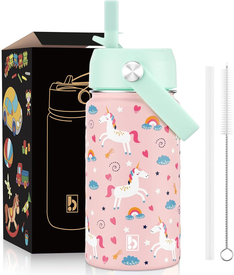 Kids Water Bottle 410ml Stainless Steel Hydro Flask Double Wall Insulated Thermos Bottle with Straw Lid BPA Free Cup Hot Cold Sports Toddler School Boys Girls 14oz (SPACE 410ML) - UNICORN PINK
