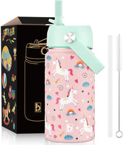 Kids Water Bottle 410ml Stainless Steel Hydro Flask Double Wall Insulated Thermos Bottle with Straw Lid BPA Free Cup Hot Cold Sports Toddler School Boys Girls 14oz (TRUCKS 410ml) - UNICORN PINK