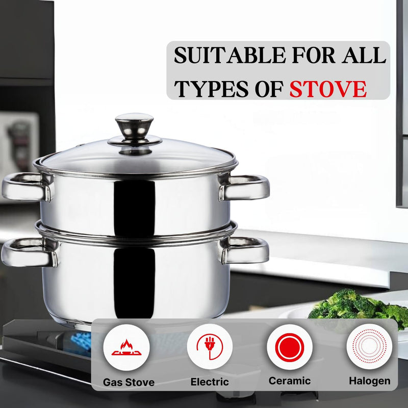 Vinod Stainless Steel 2-Tier Steamer 20cm Vegetable, Momo Steamer with Glass Lid, Sturdy Handle, Induction & Gas Friendly Perfect for Couscous, Dumplings & Rice Dishes