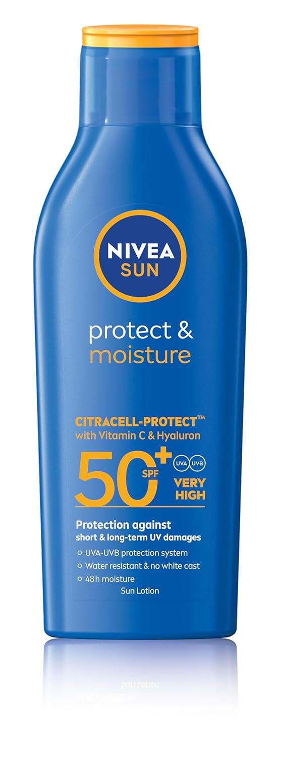 NIVEA SUN Lotion, Protect & Moisture, SPF 50+, Very High and Immediate UVA & UVB Protection, 48H Moisture, Water Resistant, Skin Microbiome Balance, 200ml