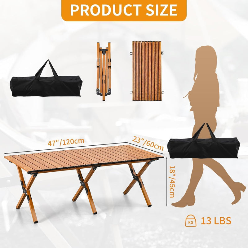 GO2CAMPS Foldable Roll-Up Camping Table with Carry Bag 120 x 120 x 45 cm Durable, Lightweight Portable Aluminum Outdoor Folding Table for Camping, Picnic, Hiking, BBQ, Beach, Trip, Travel