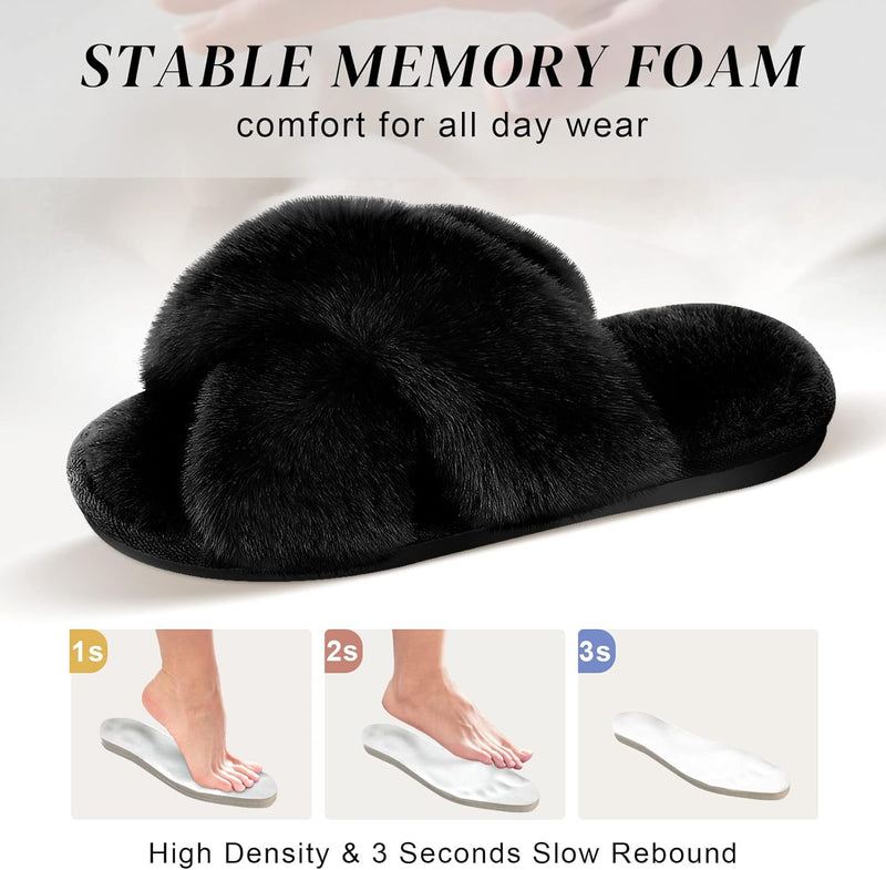 Women's Cross Band Slippers Soft Plush Furry Cozy Open Toe House Shoes Indoor Outdoor Faux Rabbit Fur Warm Comfy Slip On Breathable