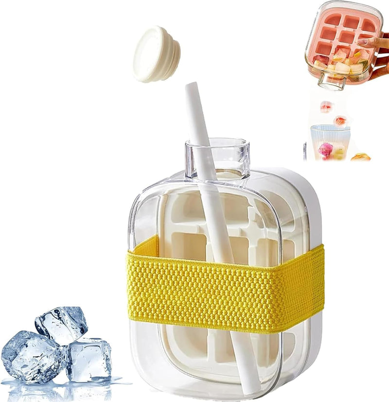 2-in-1 Ice Cube Tray Water Bottle with Straw & Leak-Proof Lid - Touch-Free Press Release Silicone Ice Cube Molds, Reusable Portable Ice Maker for Coffee, Juice, Beverages (Pink - 500ml) - White - 500ml
