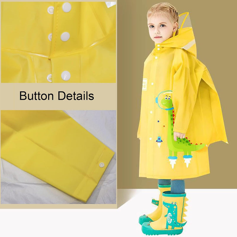 Kids Raincoat, Waterproof Rain Jacket For Girls And Boys, Cartoon Dinosaur All Rainwear, Lightweight Allren Poncho With Hood, Yellow, Size L For 5-6 Years