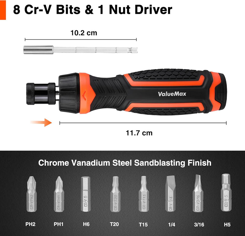 ValueMax Ratcheting Screwdriver, 9-In-1 Multi Screwdriver, Adjustable Length, High-Strength Bits, Phillips, Slotted, Torx, Hex, Nut Driver