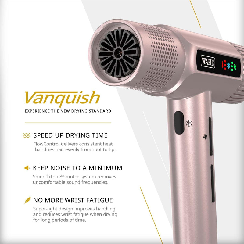 Wahl Vanquish Hair Dryer, Lightweight, LED Display, Quiet, Professional 3 Attachments, Powerful, Cool Drying, 3 Speed-Settings, Auto-Clean, Even Drying, Quick Dry