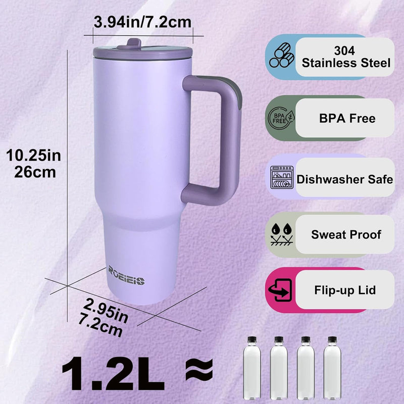 40 oz Water Bottle with Handle & Flip Straw - Fits in Cup Holder, Leak Resistant Tumbler-Reusable Insulated Stainless Steel - Gifts for Women & Men, Black