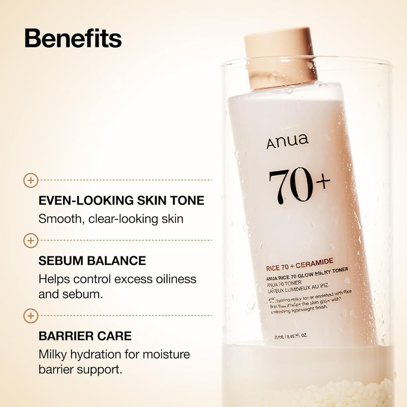 Rice 70 Glow Milky Toner, for Glass Skin, Rice Water, Niacinamide, Ceramides, Panthenol, Non comedogenic, Fungal Acne Safe, Korean Skin Care, 250ml/8.45fl.oz.