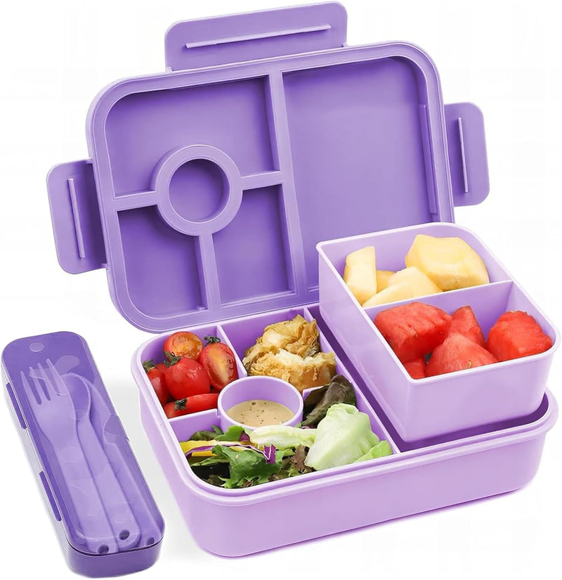 Children's Bento Box, 1300 ml, Leak-Proof Lunch Box with 5 Compartments, Bento Box for Children and Adults, Lunch Box, Breakfast Box for Girls and Boys, BPA-Free (Pink) - Purple