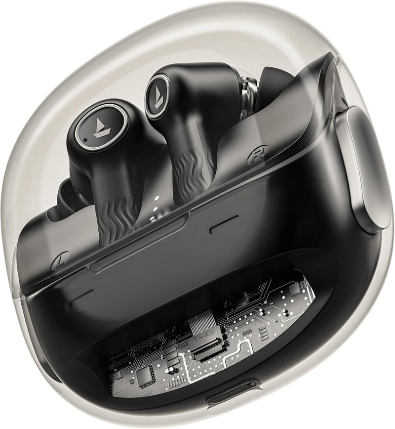 boAt New Launch Nirvana Crystl, Transparent Case,Spatial Audio, ANC(32dB), 100Hrs Battery,4Mics ENx, Dual Pair,App Support, Bluetooth Earbuds, TWS Ear Buds Wireless Earphones with mic (Quantum Black)