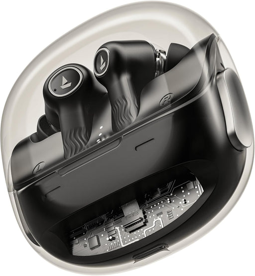 boAt New Launch Nirvana Crystl, Transparent Case,Spatial Audio, ANC(32dB), 100Hrs Battery,4Mics ENx, Dual Pair,App Support, Bluetooth Earbuds, TWS Ear Buds Wireless Earphones with mic (Quantum Black)