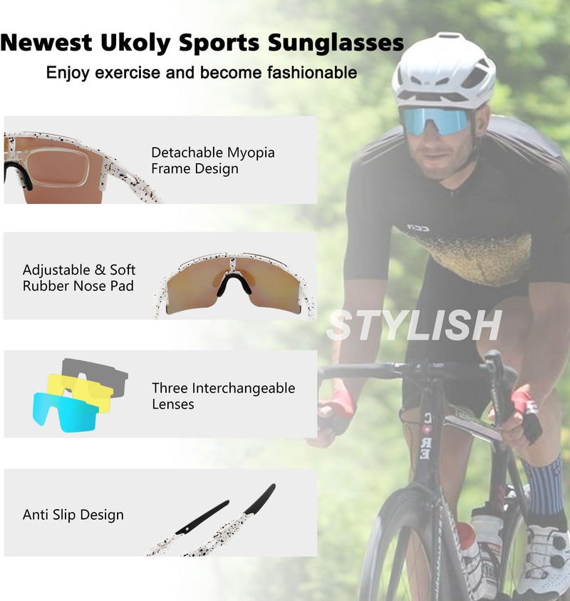 Ukoly Cycling Sunglasses for Men Women with 3 Interchangeable Lenses, Polarized Sports Sunglasses, Baseball Sunglasses