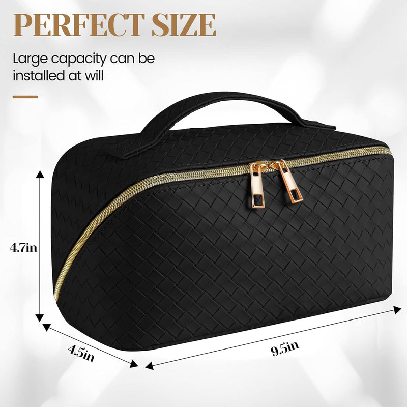 Large Capacity Travel Cosmetic Bag - Makeup Bag, PU Leather Waterproof Cosmetic Bag, Women Portable Travel Makeup Bag With Handle and Divider Flat Lay Makeup Organizer Bag, Black, Fashion
