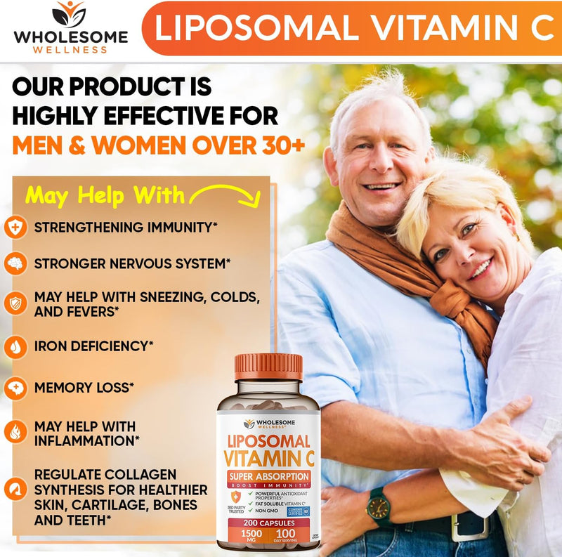 Liposomal Vitamin C Capsules (200 Pills 1500mg Buffered) High Absorption VIT C, Immune System & Collagen Booster, High Dose Fat Soluble Immunity Support Ascorbic Acid Supplement, Natural Vegan