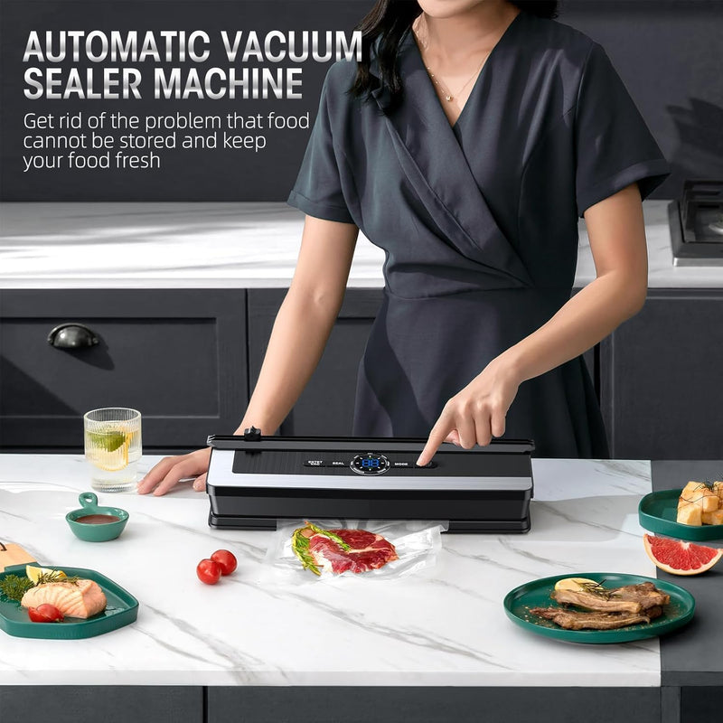 8 in 1 Food Vacuum Sealer Machine, Vacuum Sealer Machine with Build-in Cutter Automatic Air Sealing System LED Indicator for Food Storage Dry and Moist Food Modes with 5 Pcs Seal Bags Kit (Black)