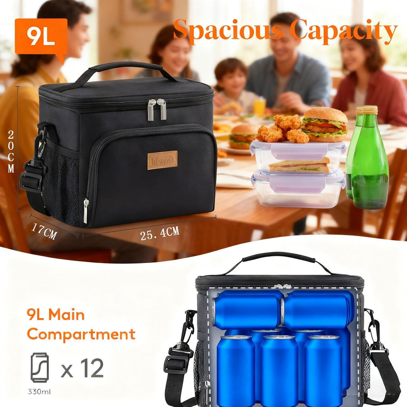 Medium Lunch Bag Insulated Lunch Box Soft Cooler Cooling Tote for Adult Men Women, Black 12-Can (9L)