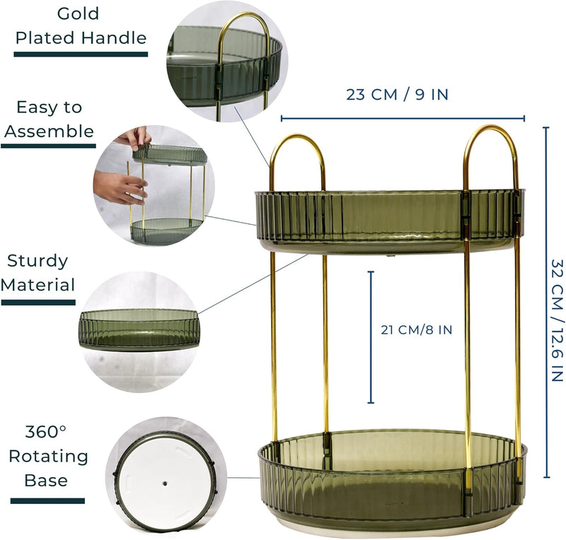 Sortify Perfume Organizer, Luxury Acrylic Perfume Stand, Lazy Susan 360° Rotating Makeup Organizer & Skincare Rack, Showcase Your Cologne Collection with 2 Tier Perfume Tray 32x23x23cm (Gold)