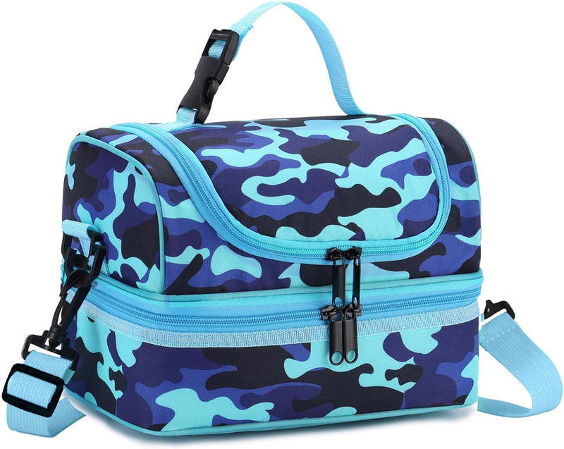 VASCHY Lunch Box Bag Men, Insulated Two Compartments Bento Cooler Bags for Adults/Women/Kids for School,Daycare,Kindergarten,Picnic Black - Camouflage Blue