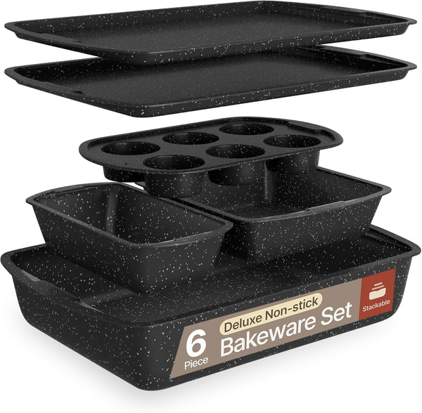 Bakeware Set 6 Piece Stackable, Deluxe, Non-Stick Baking Pans for Professional and Home Cooking Carbon Steel, Gray Stone Coating - 6 Piece Set Gray Marble