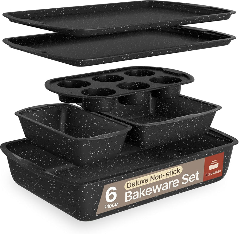 Bakeware Set 6 Piece Stackable, Deluxe, Non-Stick Baking Pans for Professional and Home Cooking Carbon Steel, Gray Stone Coating - 6 Piece Set Gray Marble