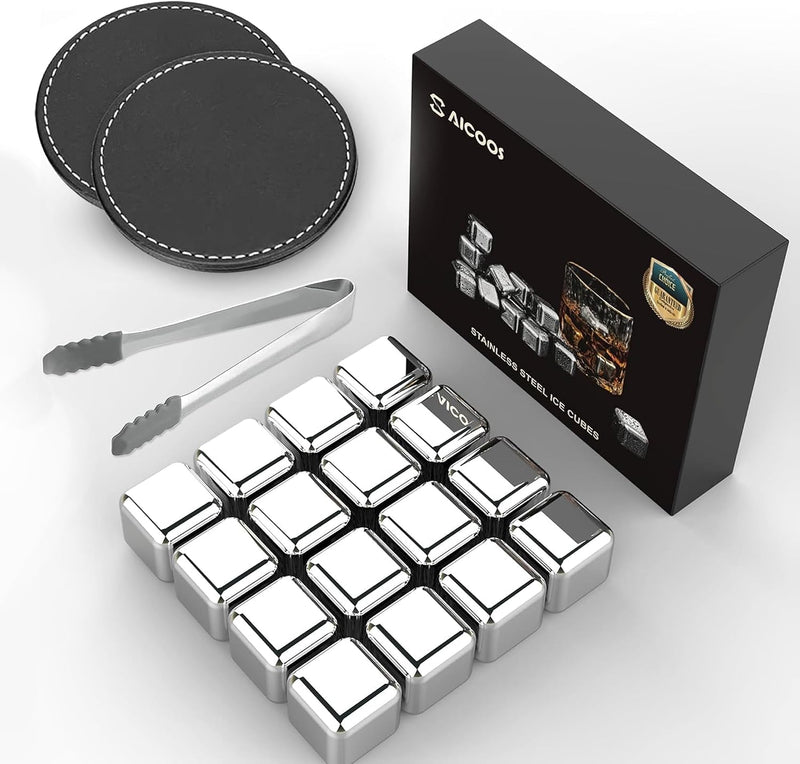 16 Pack Reusable Stainless Steel Ice Cubes for Drinks - Metal Whiskey Stones, High Cooling Technology, for Whiskey, Vodka, Liqueurs, Wine, Beverage Juice or Soda, Pack of 16 - Silver 16 Pack