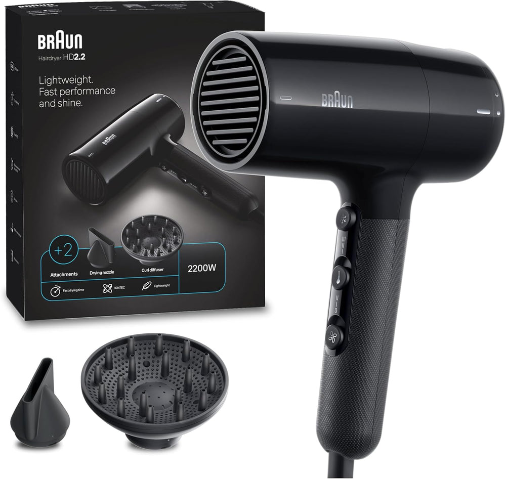 Braun Hair dryer HD4.2 Ultimate Performance, Shine & Care, HTDC Motor, 2100 Watts, Electronic Touch Control, with 2 Attachments Drying Nozzle, Curl Diffuser, BRHD425SDE - Electro Grey.