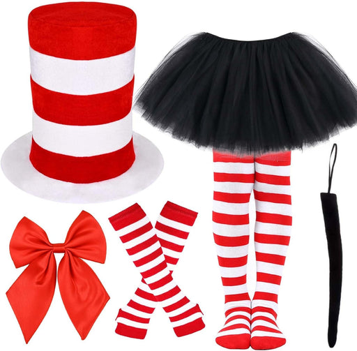 KASTWAVE Cat Costume Set, 6 Pcs Cosplay Costume, Include Red and White Striped Top Hat, Oversized Bow Tie with Fur, Tutu Skirt, Gloves, Socks and Tail, Dress Up for World Book Day, Halloween, Party