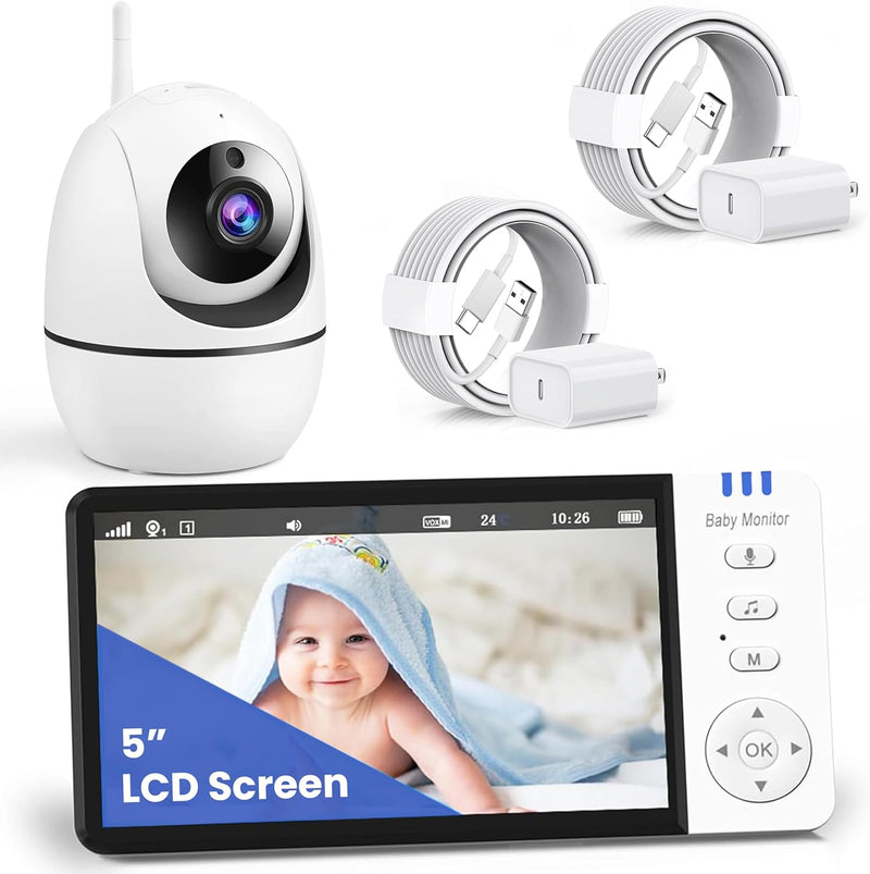 RFAQK Baby Monitor-720P 5" Baby Camera Monitors, Video Baby Monitor with Camera and Audio, Night Vision, 4X Pan-18 HOURS VOX MODE, Temperature Sensor, Baby Monitor no Wifi with Lullabies