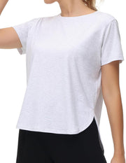 Women's Workout T-Shirts Loose Fit Short Sleeve Cotton Running Basic Tee Tops with Split Hem - Heather White
