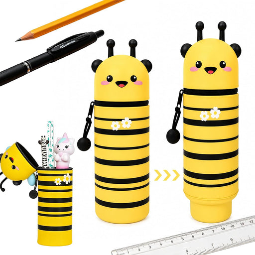 Kawaii Pencil Case 2 in 1 Retractable Pencil Pouch, Silicone Pencil Case with Stand Up Pen Holder, Cute Stationery Organizer Pouch (Bear) - Bee