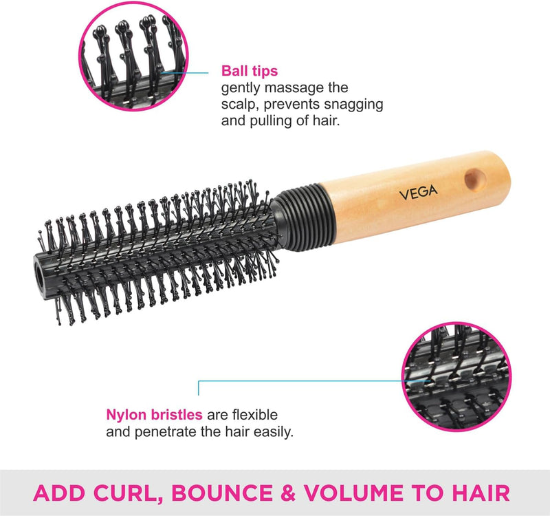 Vega Round Brush with Wooden and Black Colored Handle with Black Brush Colored Head