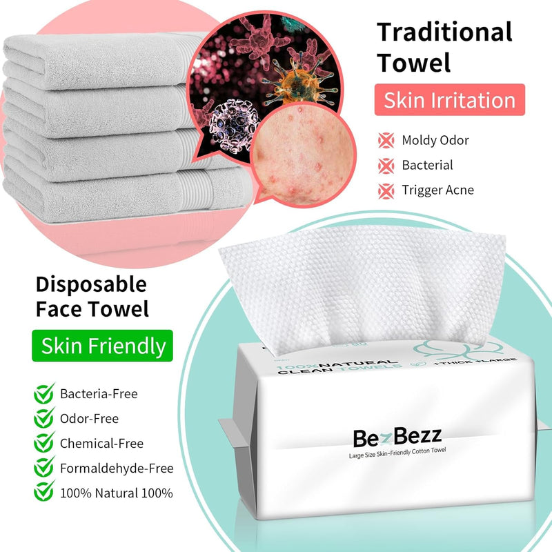 BezBezz Disposable Face Towels 80 Count, 100% Natural Biobased Face Towel for Sensitive Skin, Ultra Thick Super Absorption Large Clean Facial Cloth, Skincare Makeup Remover Dry Wipes