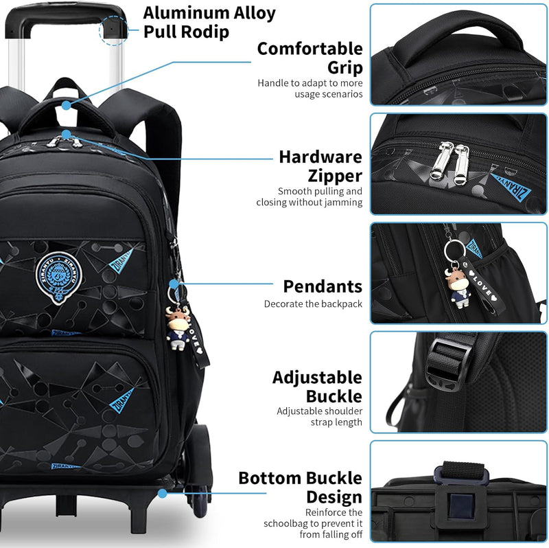 Pomefar Trolley School Bag for Boys, Rolling School Backpack With 6 Wheelsï¼Œ Side-Opening Waterproof School Bag For 15.6inch Laptop, School and Travel