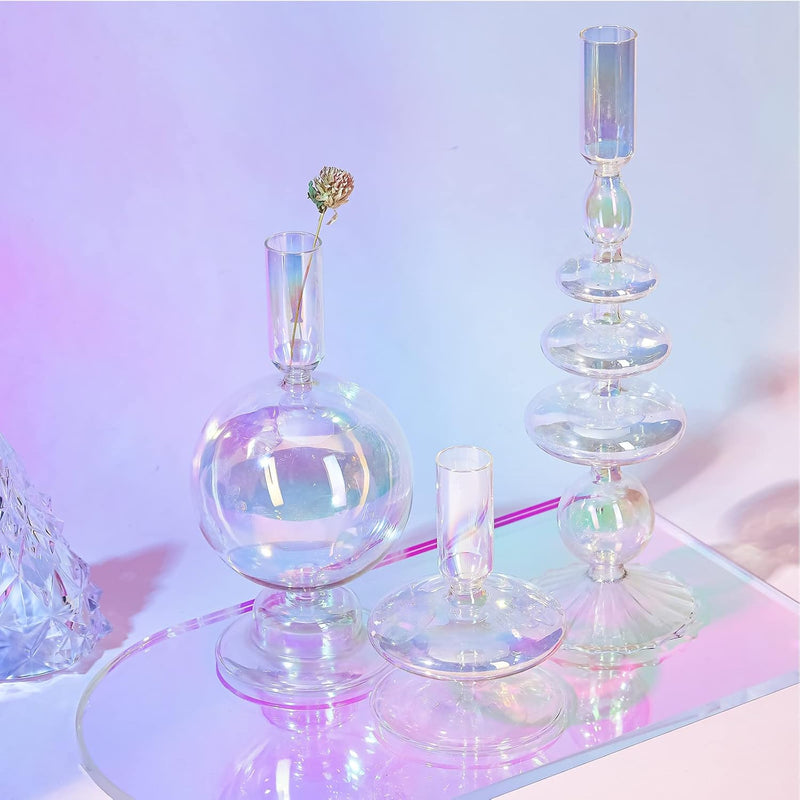 Rtteri 3 Pcs Glass Candlestick Holders Glass Taper Candle Holders Groovy Candlestick Wavy Glass Candlestick Holders Elegant Glass Candlestick Glass Vases for Home Party Centerpiece (Green)