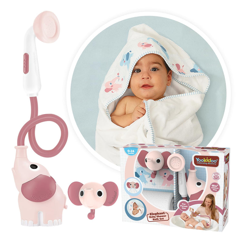 Yookidoo Baby Bath Shower Head - Elephant Water Pump with Trunk Spout Rinser - Control Water Flow from 2 Knobs for Maximum Fun in Tub or Sink for Newborn Babies (Blush Pink)