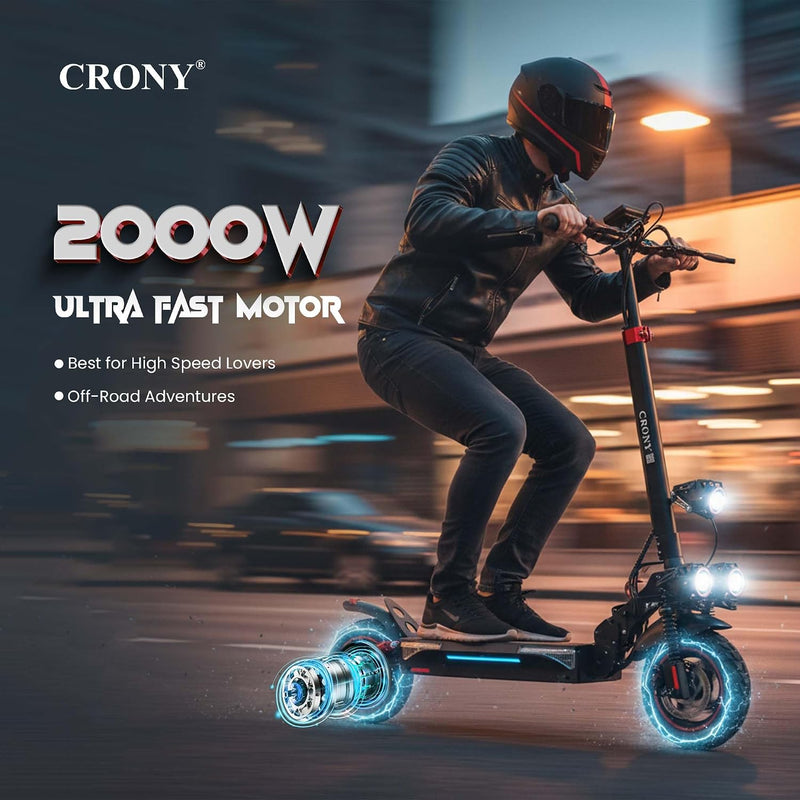 CRONY T4 Electric Scooter with Big LCD Display, 2000W Motor, 40-65KM/H Speed, Smart App Control, Triple LED Headlamps & Foldable Design with Smart Lock & Flashing Mode, Front/Rear Suspension - No Seat