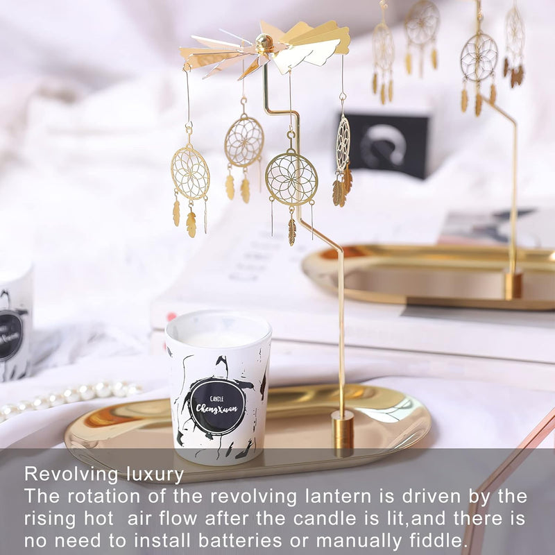 Creahaus Rotating Candle Holder with Tray, Gold Candle Spining Metal Holder for Christmas, Valentine's Day, Party Table Decor, Gift (Gold Carousel)