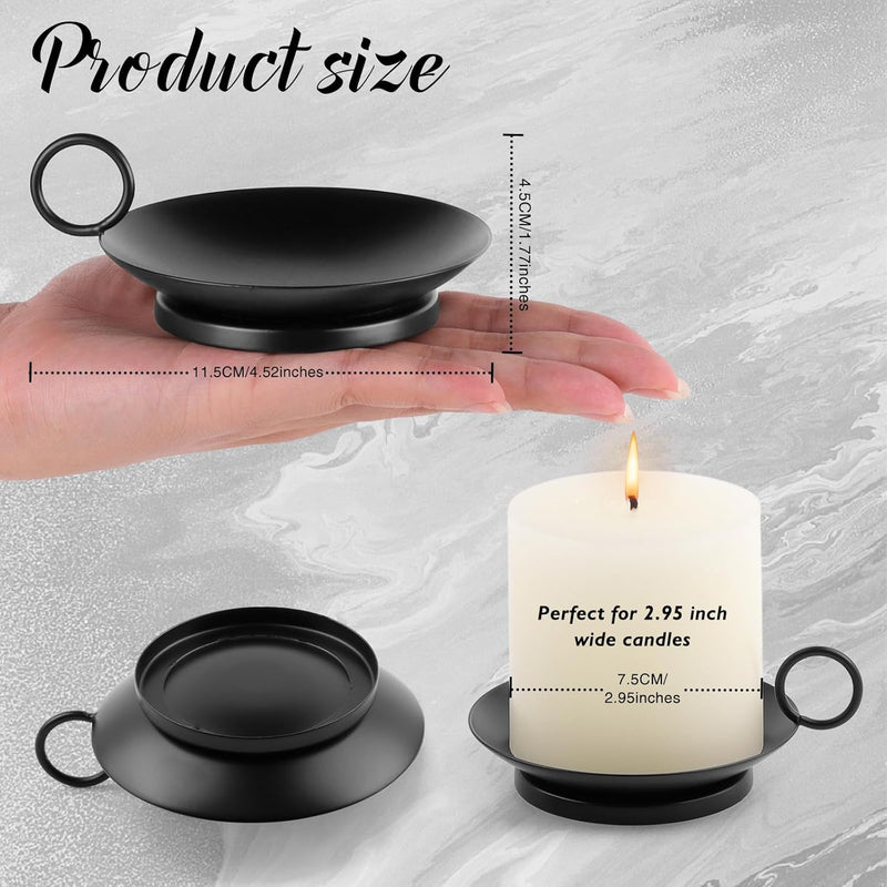 Black Pillar Candle Holders, Iron Metal Candle Dish Plate Holder Set of 2, Candle Tray with Handle Candle Stick Holder for Wedding, Party, Home Decor