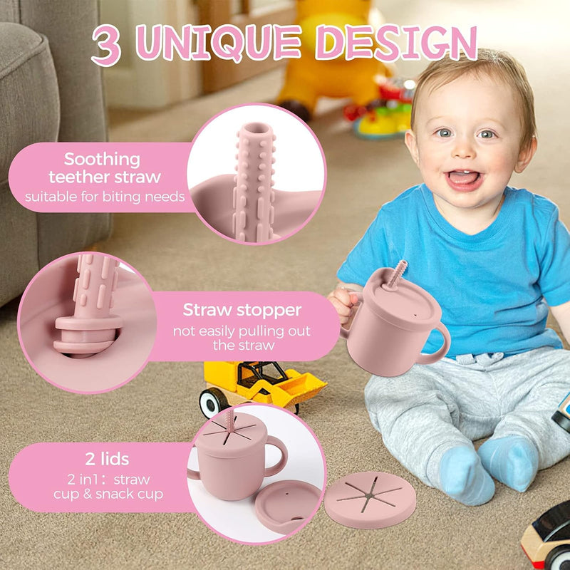 Excefore Toddler Sippy Cup with Lid, Kids Snack Container 2-in-1, Silicone Snack Catcher with Removable Scale, Kids Water Bottle with Straw 8.5 oz (Olive Green)